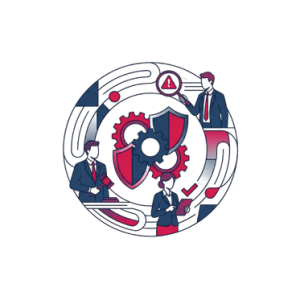 Governance, risk management and compliance illustration with shield, checklist, and regulatory symbols