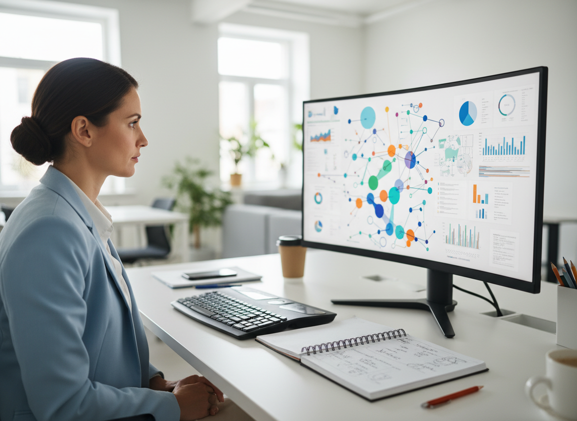 Analyst reviewing business data charts on a monitor