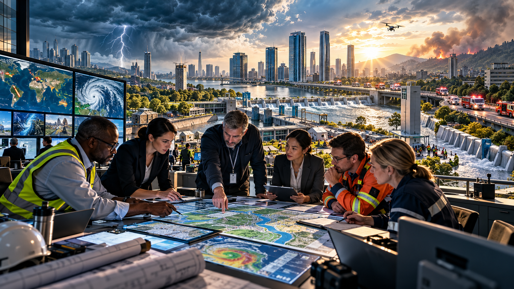 Disaster risk reduction management in 2026 with emergency planning teams preparing for floods, storms and wildfires.