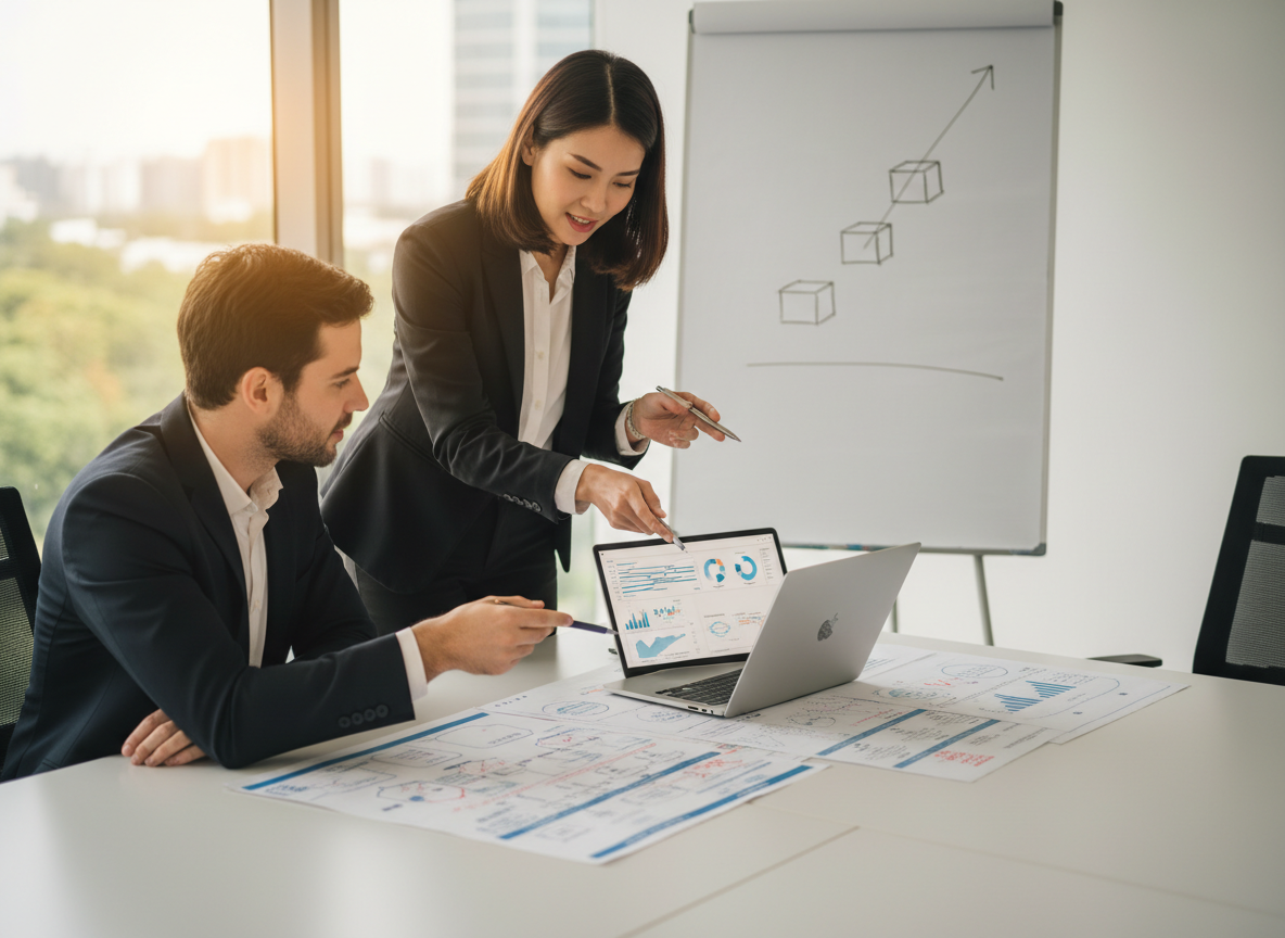 Business analysts reviewing process diagrams together at an office table