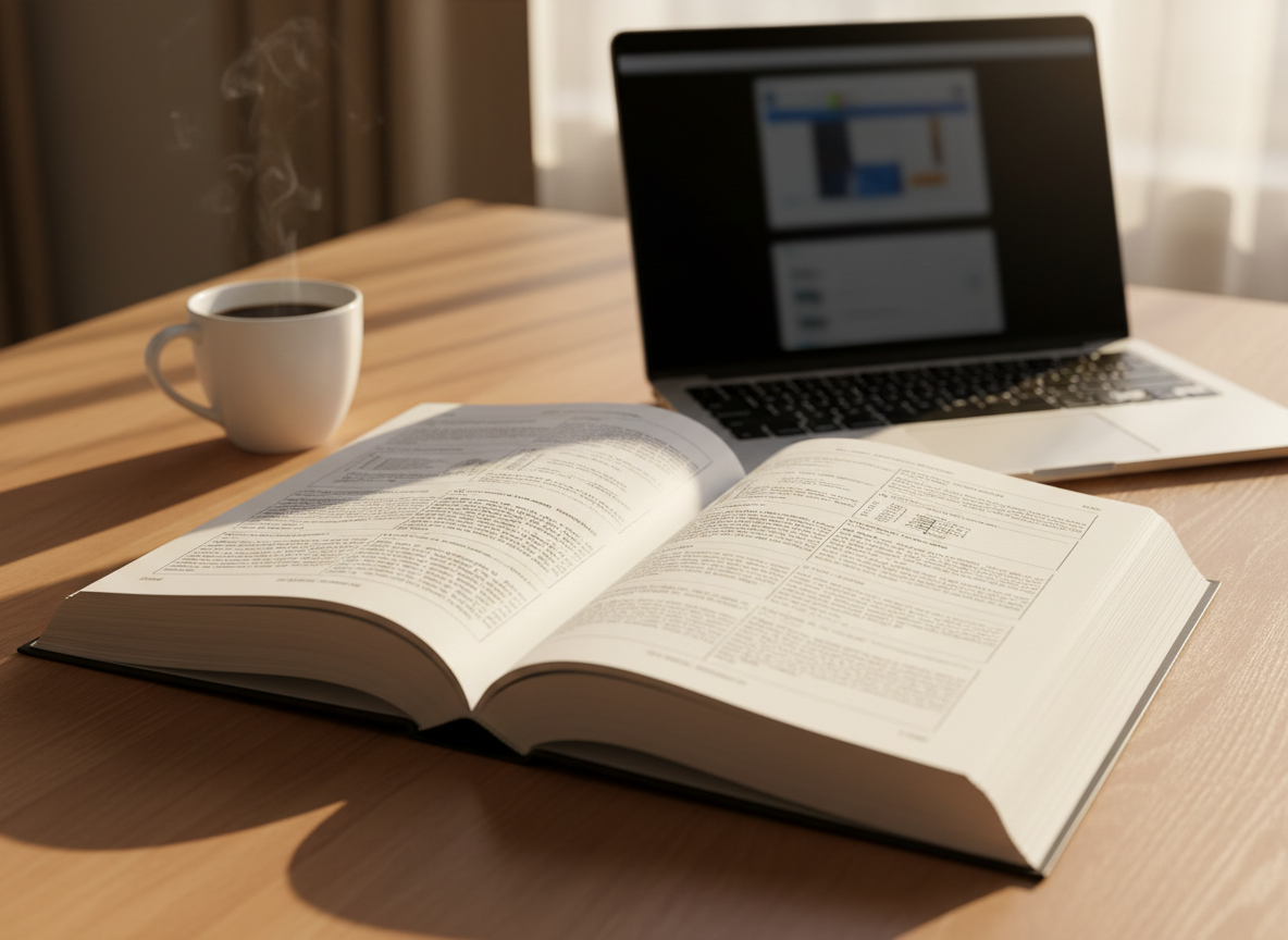 Open project management reference guide on a desk