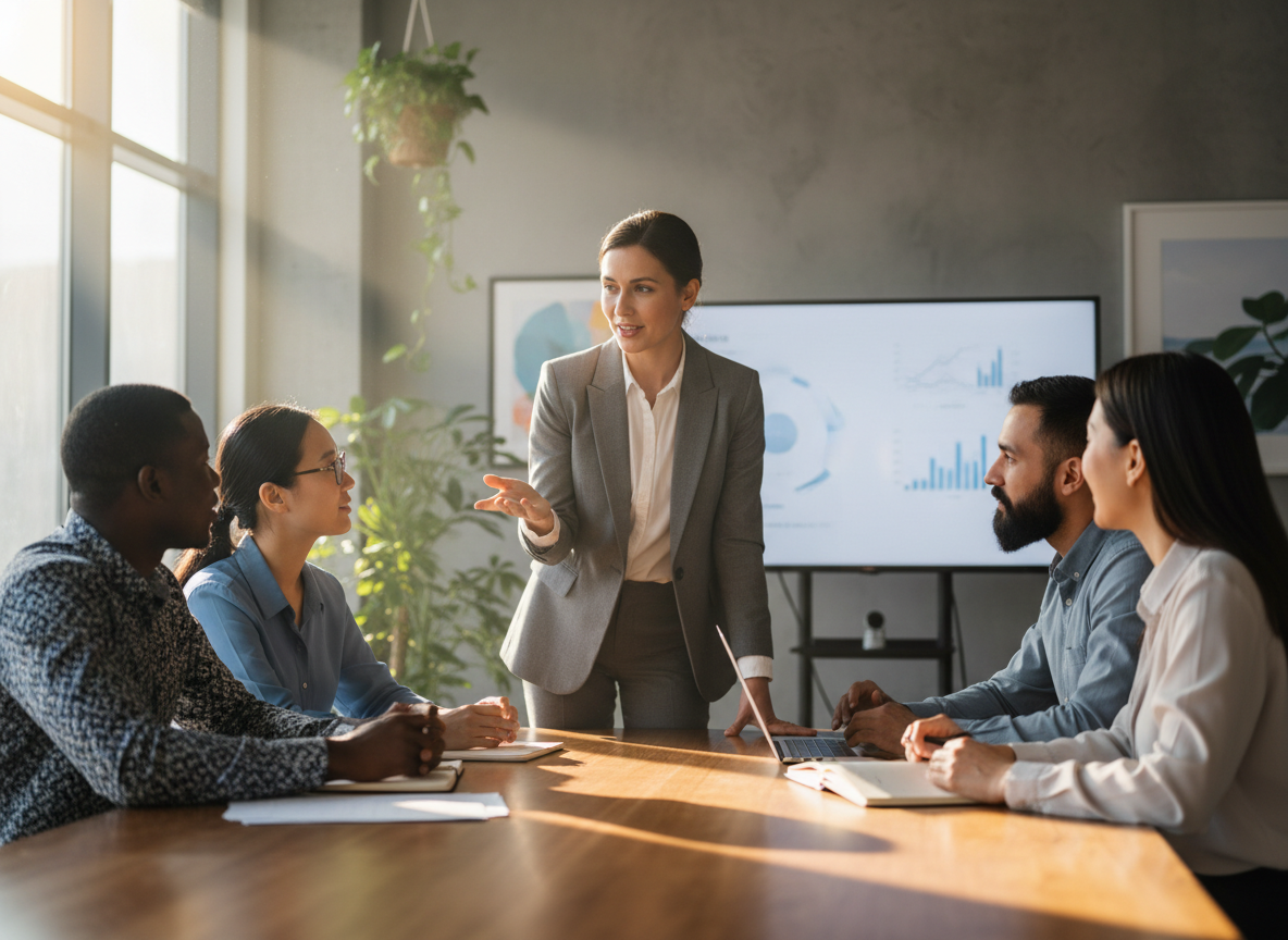 Project manager leading a team discussion at a meeting table