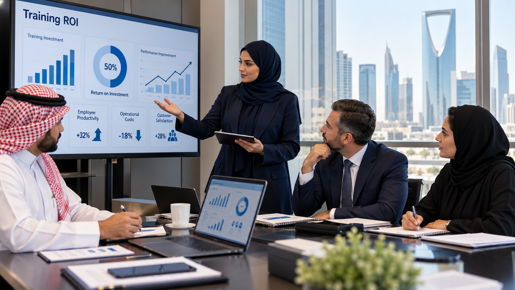 Training ROI analysis showing corporate training costs and employee development performance indicators.